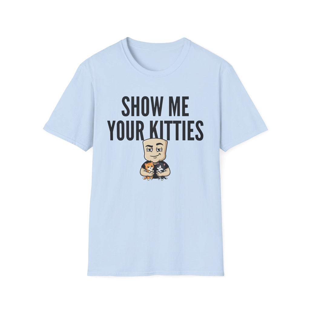 Light blue T-shirt with "SHOW ME YOUR KITTIES" text and cat graphic