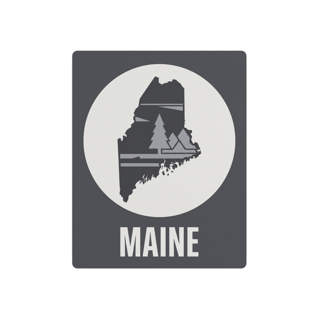 Maine wall art metal sign: dark gray panel, white circle, pine tree silhouette, MAINE lettering