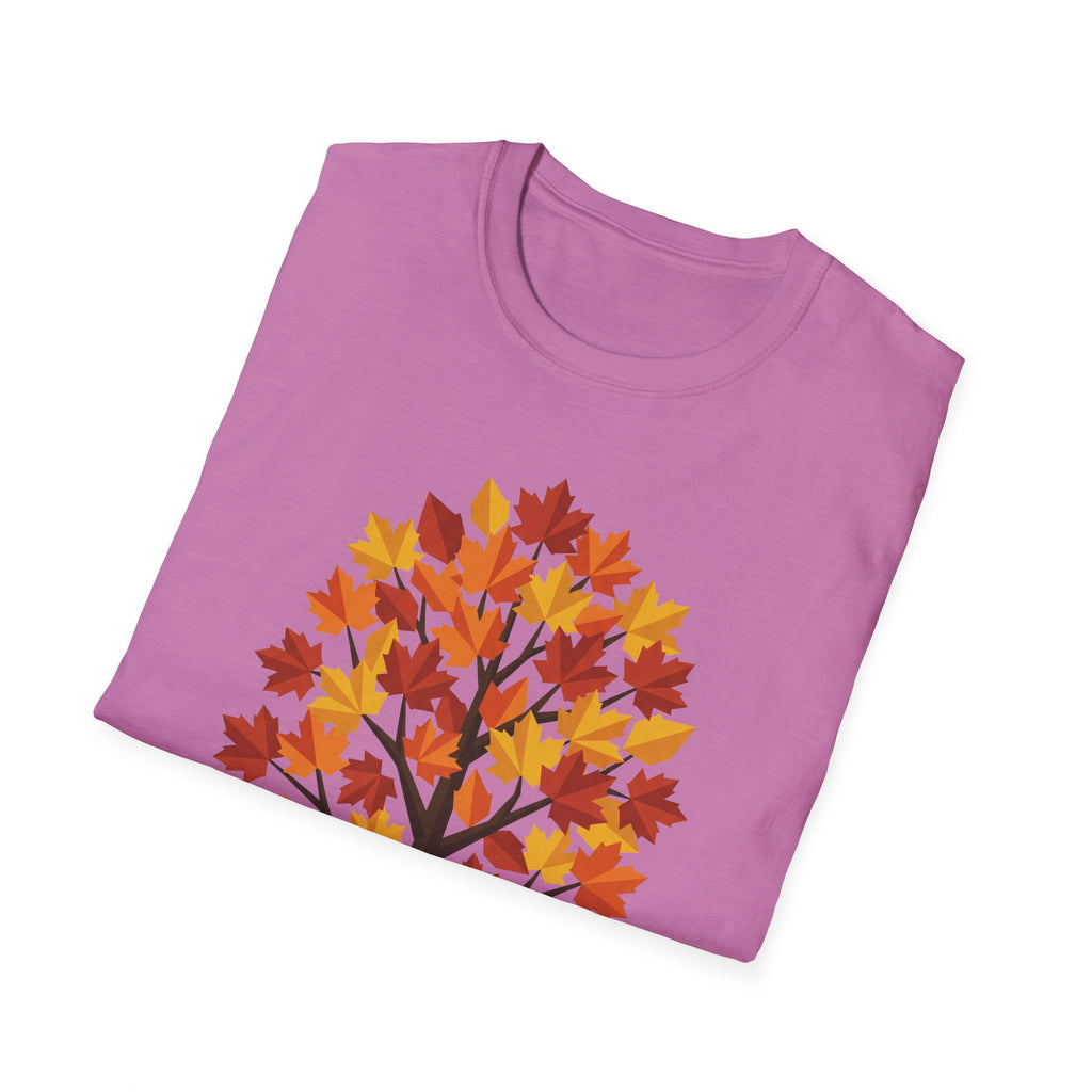 T-Shirt in Lila mit Ahornblatt-Baum-Graphic in Orange, Gelb und Rot