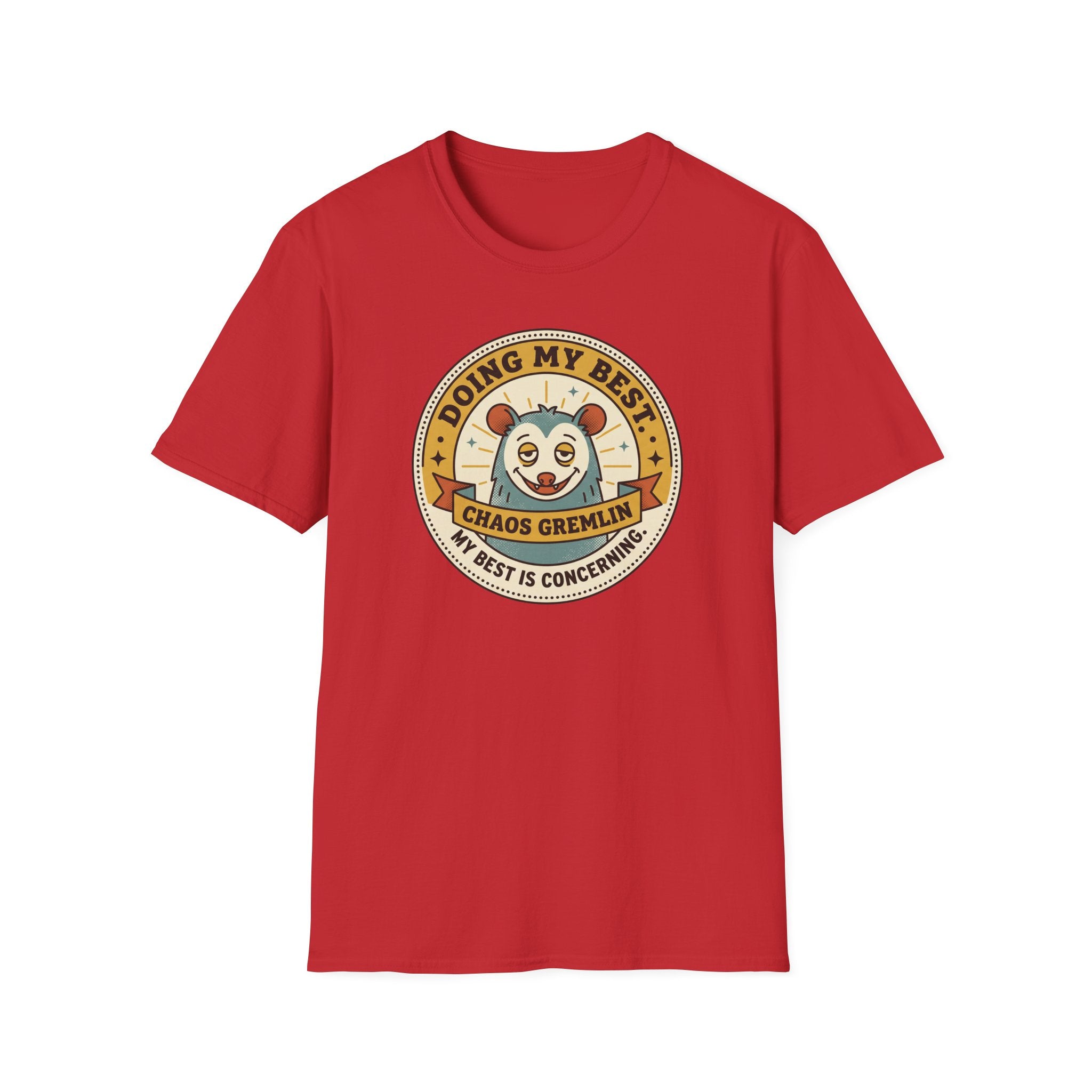 Red crew-neck T-shirt with round cartoon mischief graphic