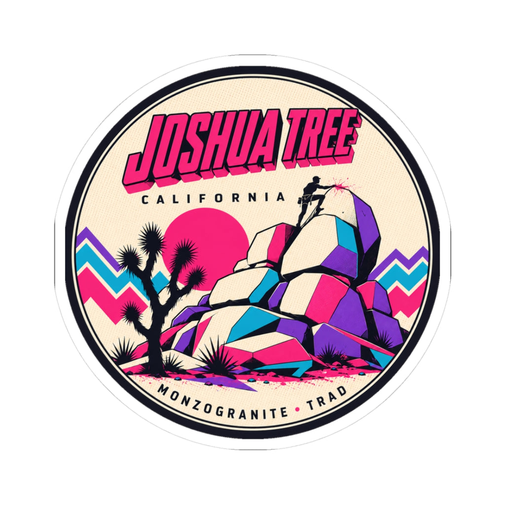 Round vinyl sticker with colorful desert rock formation and Joshua tree illustration.