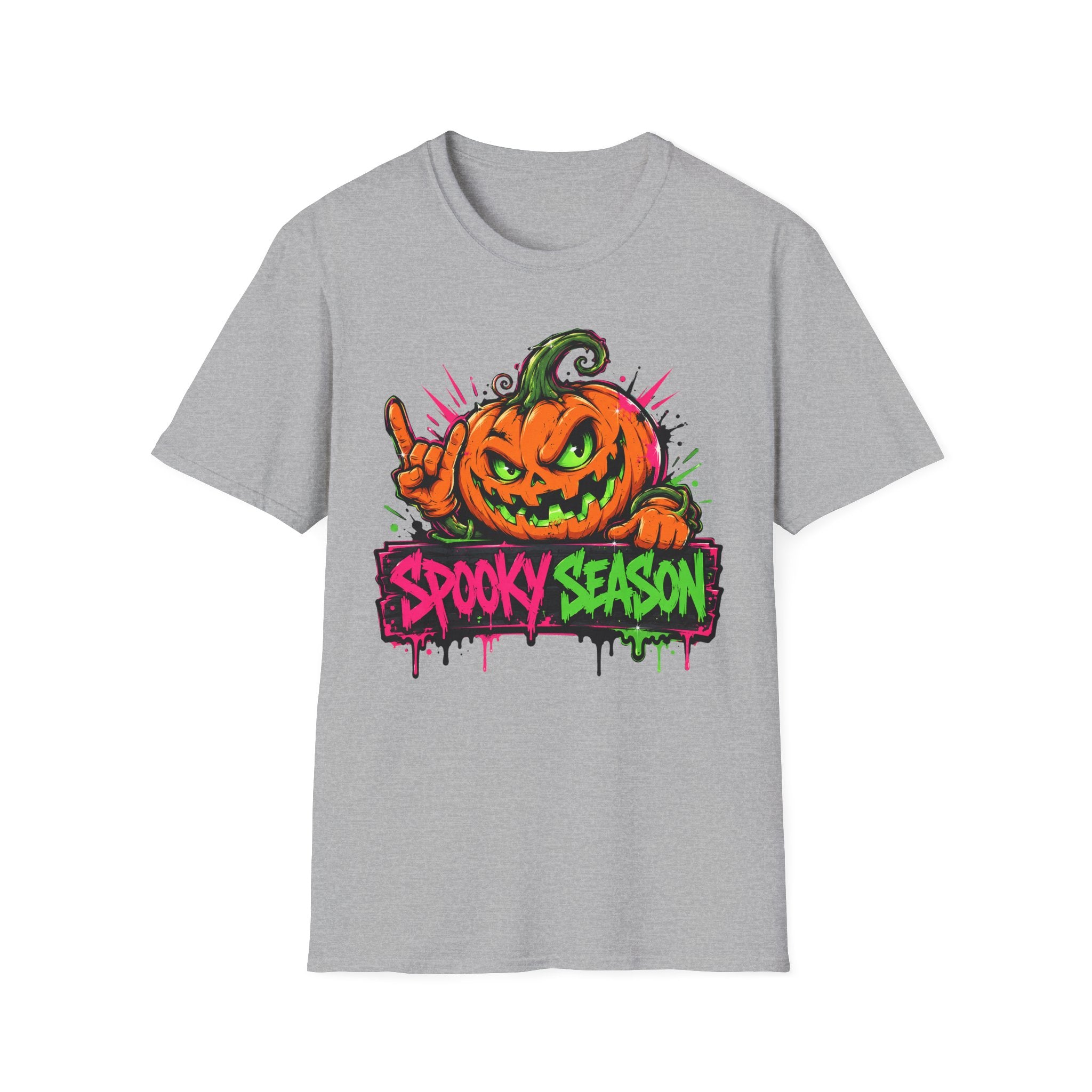 Light gray T-shirt with colorful jack-o-lantern "Spooky Season" graphic