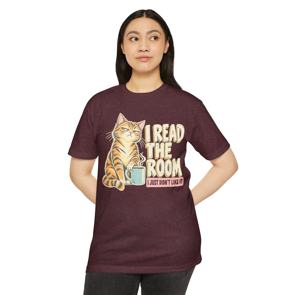 Maroon cat T-shirt with “I Read the Room” and coffee cup graphic