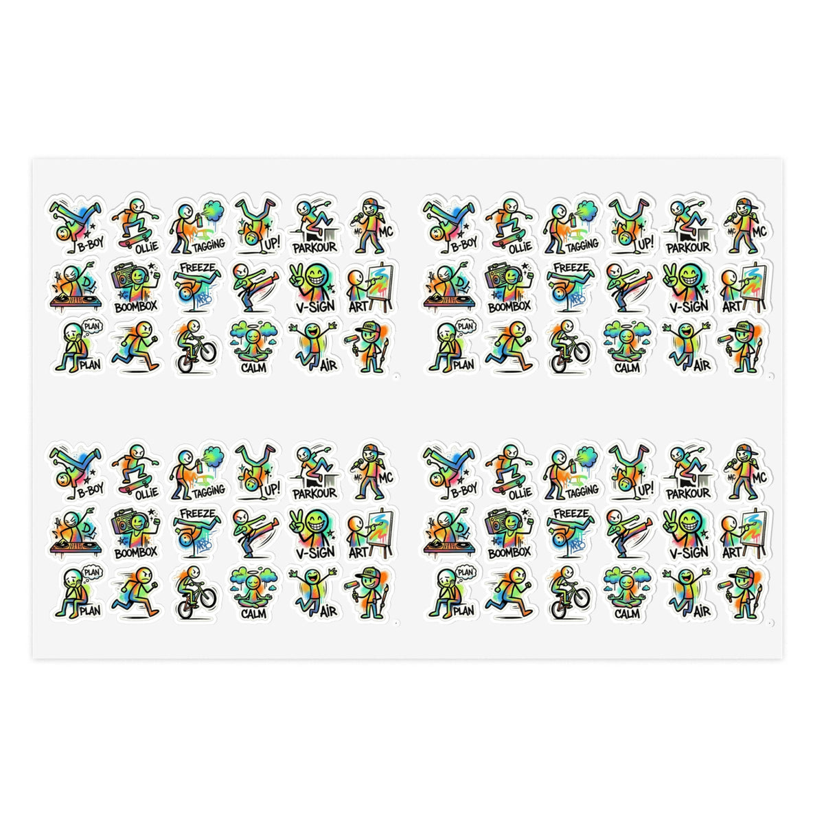 Die-cut sticker sheet with small green character icons in neat rows