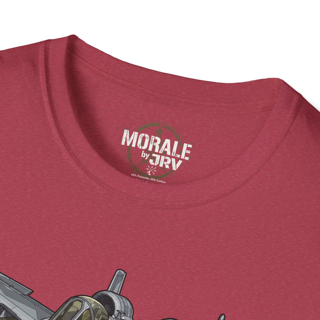 Dark red T-shirt with 'MORALE by TRV' logo at neckline and partial jet graphic