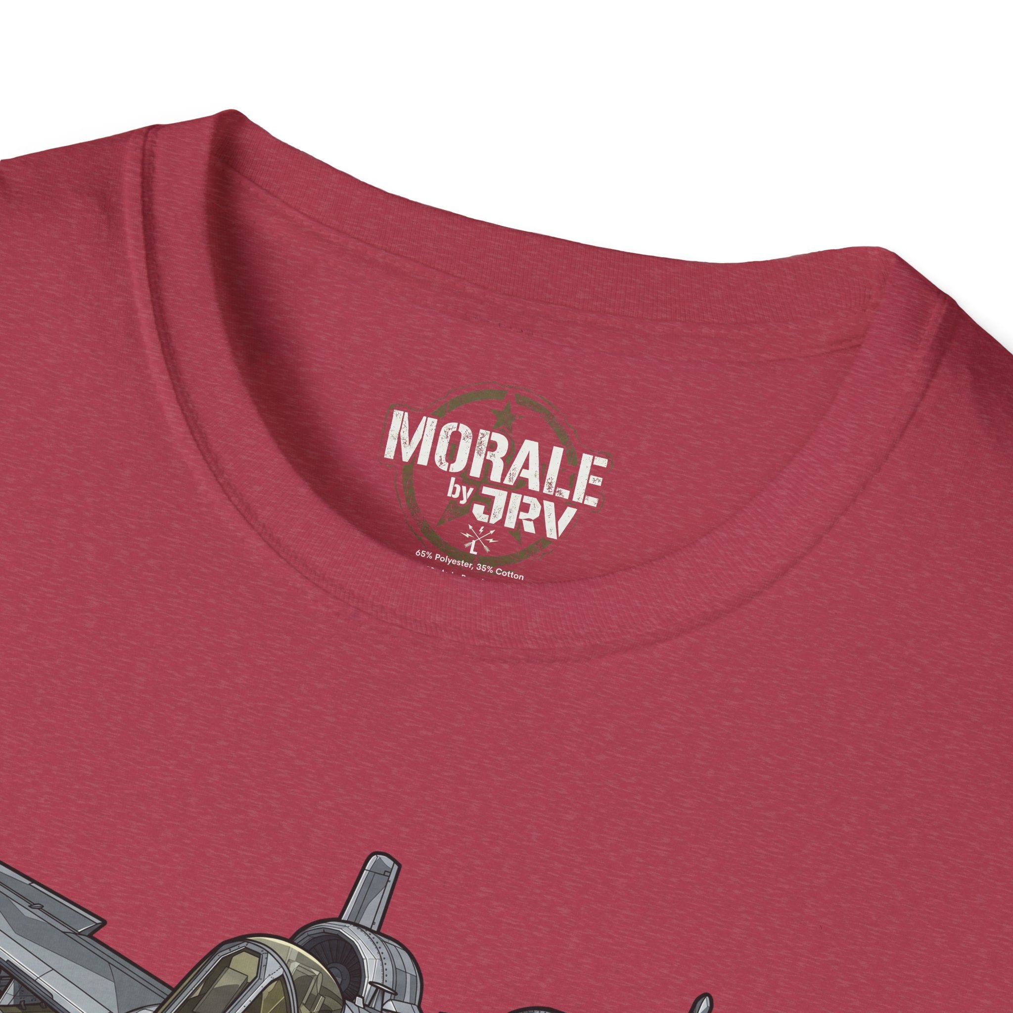 Dark red T-shirt with 'MORALE by TRV' logo at neckline and partial jet graphic