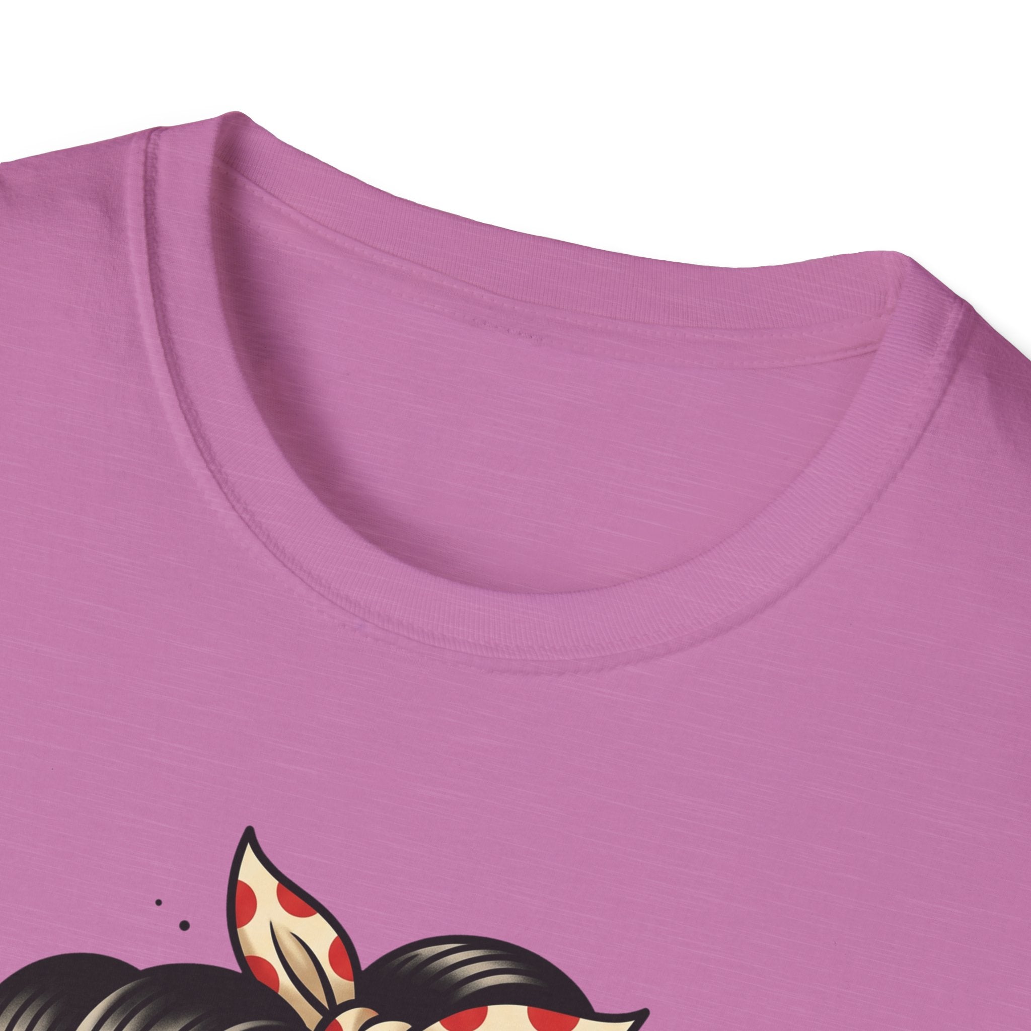 Heather pink t-shirt neckline with partial sugar skull pinup graphic