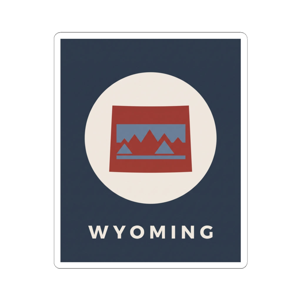 Square Wyoming sticker with circular mountain badge, red/blue map, and “WYOMING” text.