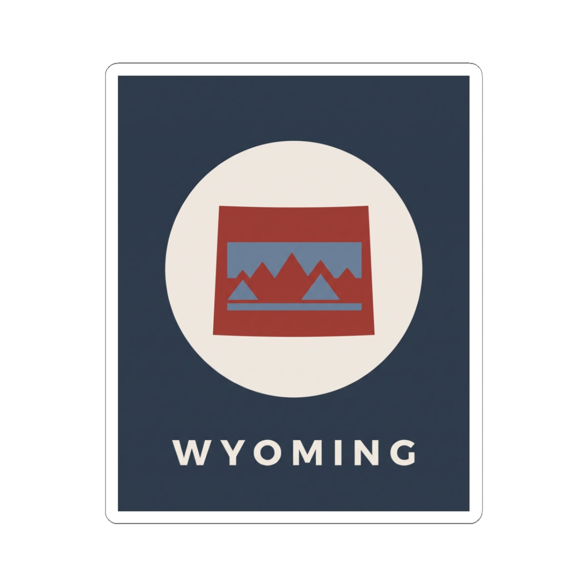 Square Wyoming sticker with circular mountain badge, red/blue map, and “WYOMING” text.