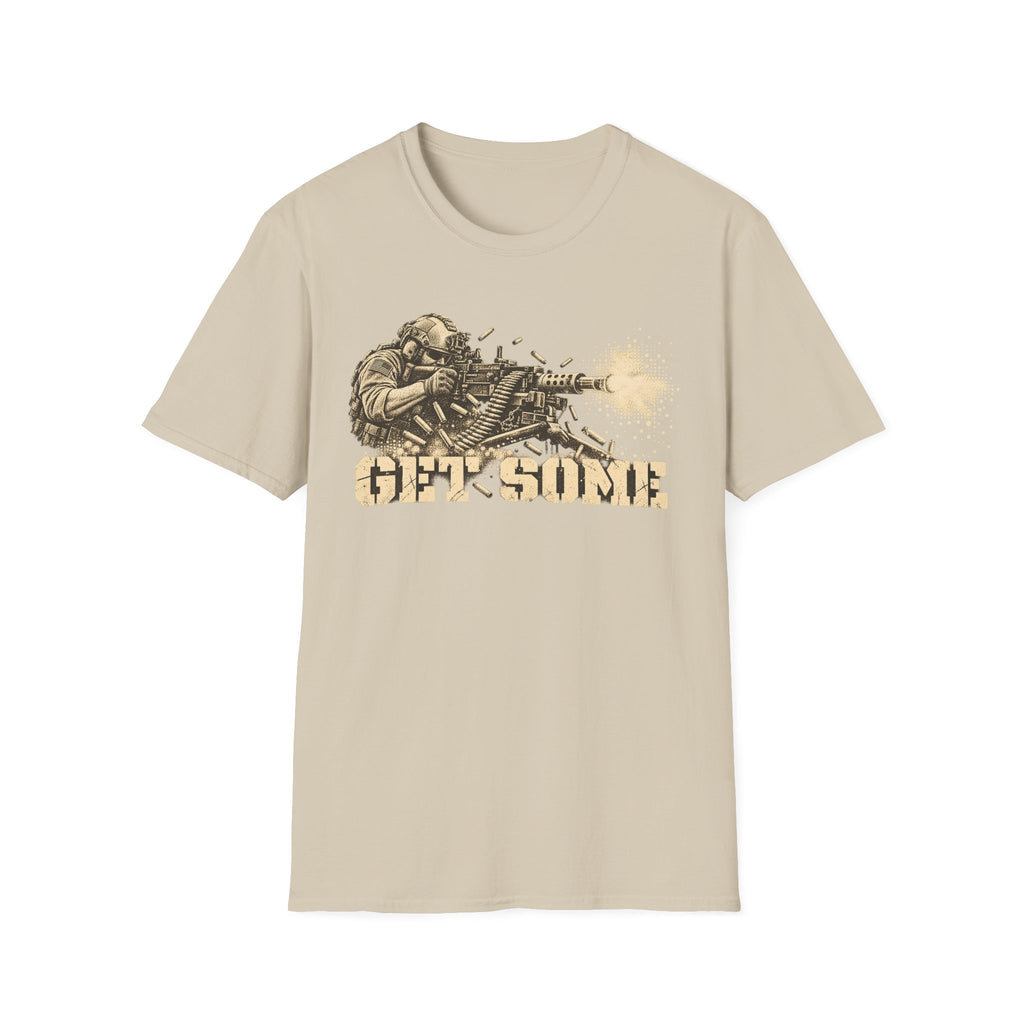 Beige crewneck graphic T-shirt with vintage soldier and gun print