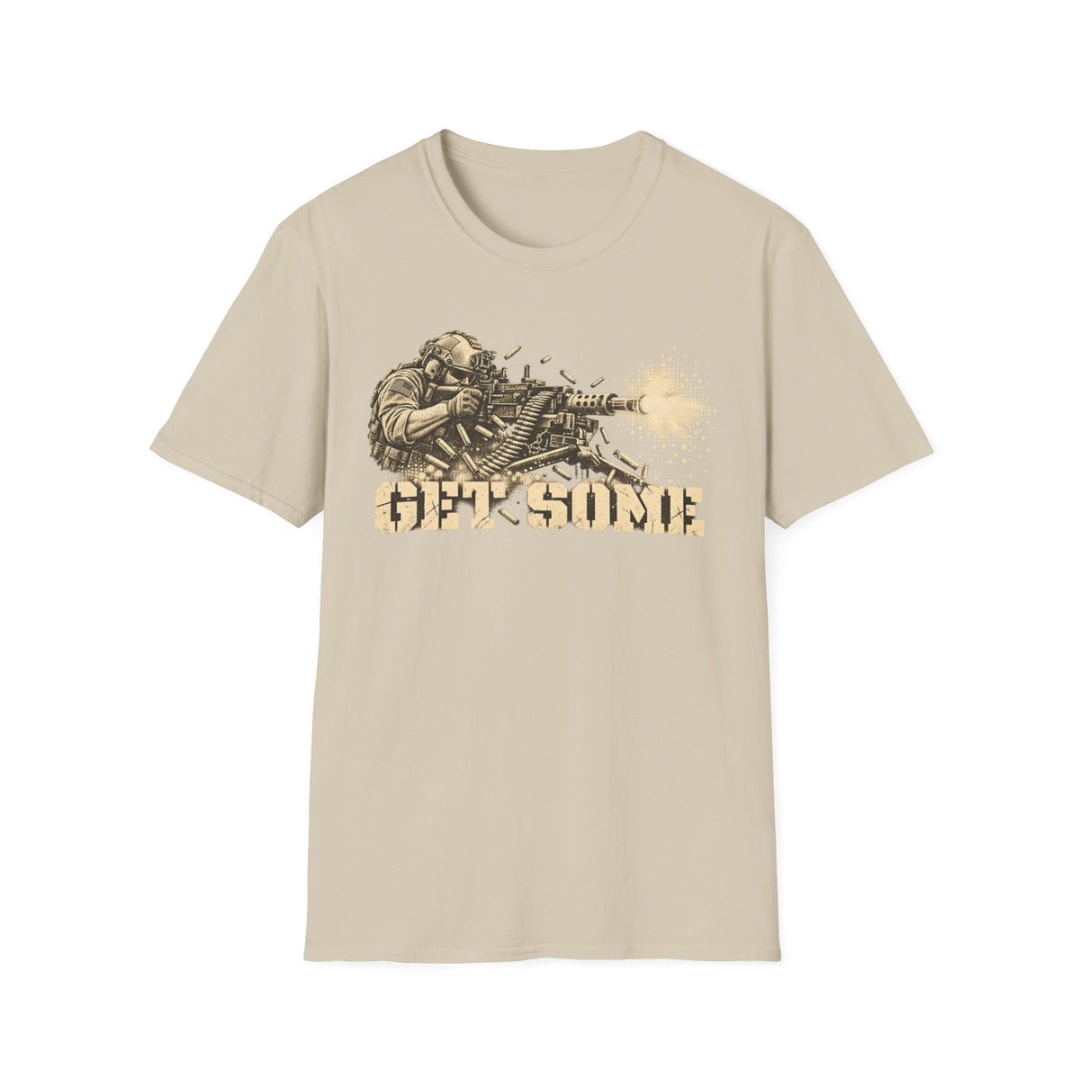 Beige crewneck graphic T-shirt with vintage soldier and gun print