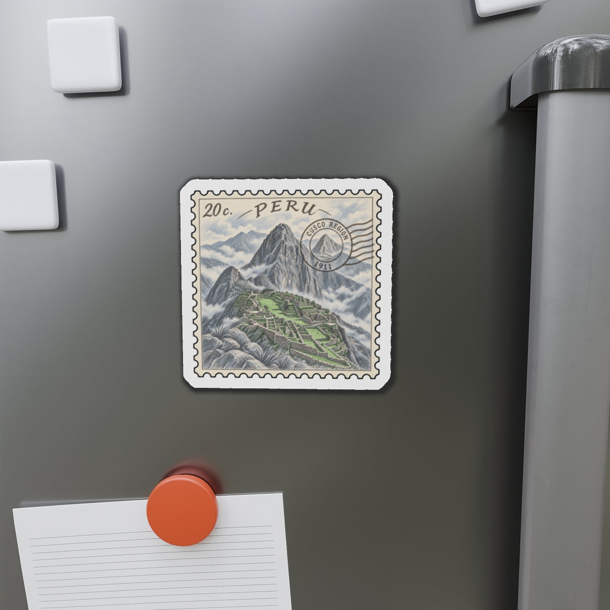 Peru stamp-style die-cut magnet on stainless steel featuring Machu Picchu ruins