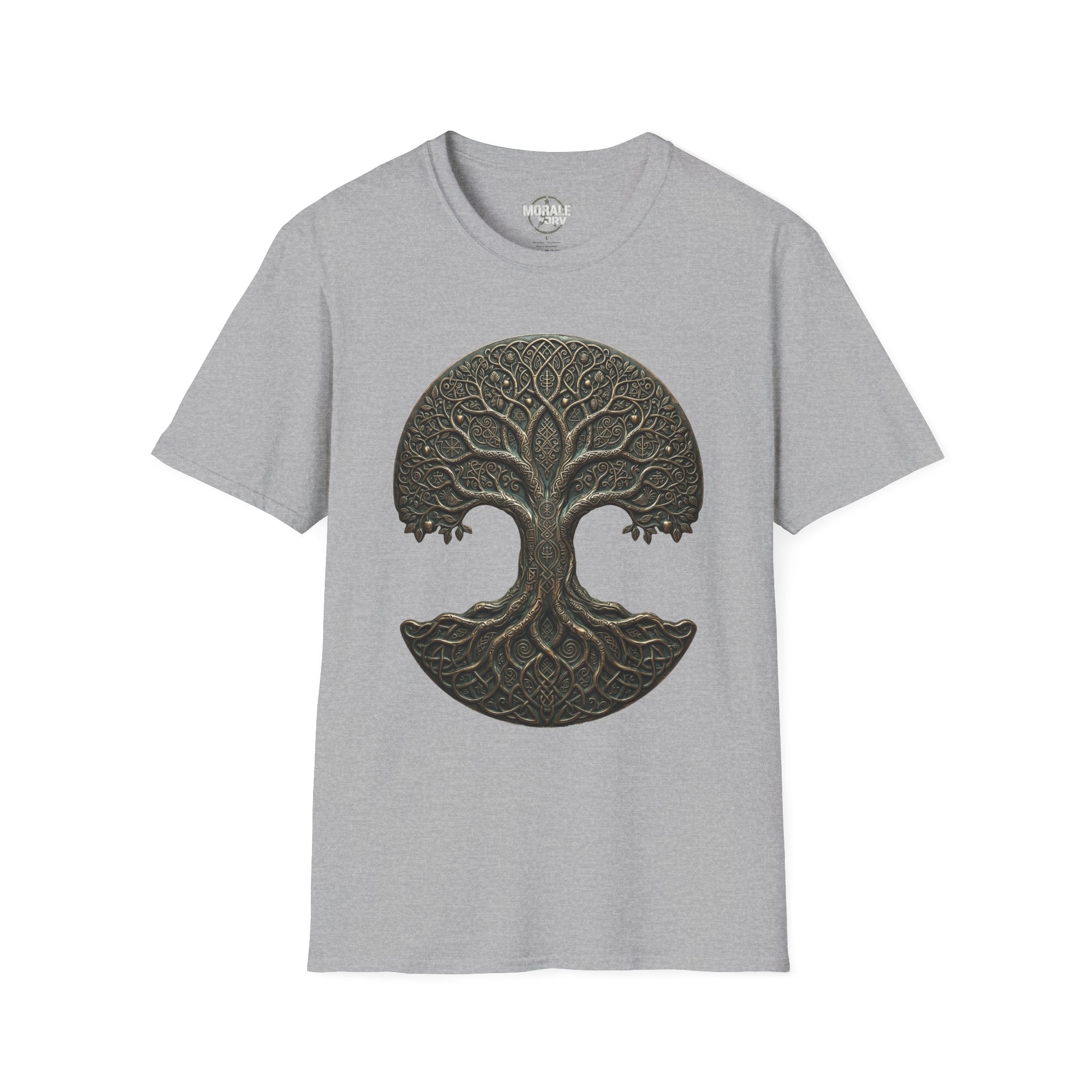 T-Shirt mit keltischem Baum-des-Lebens-Mandala-Print, dunkelgrün auf Sport Grey
