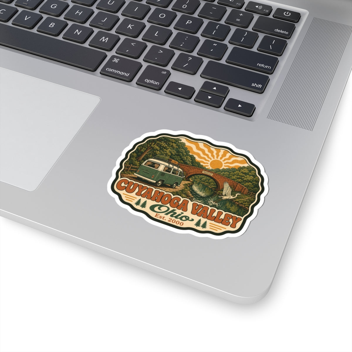 Cuyahoga Valley Ohio sticker with green camper van, arch bridge, river waves, Est. 2000