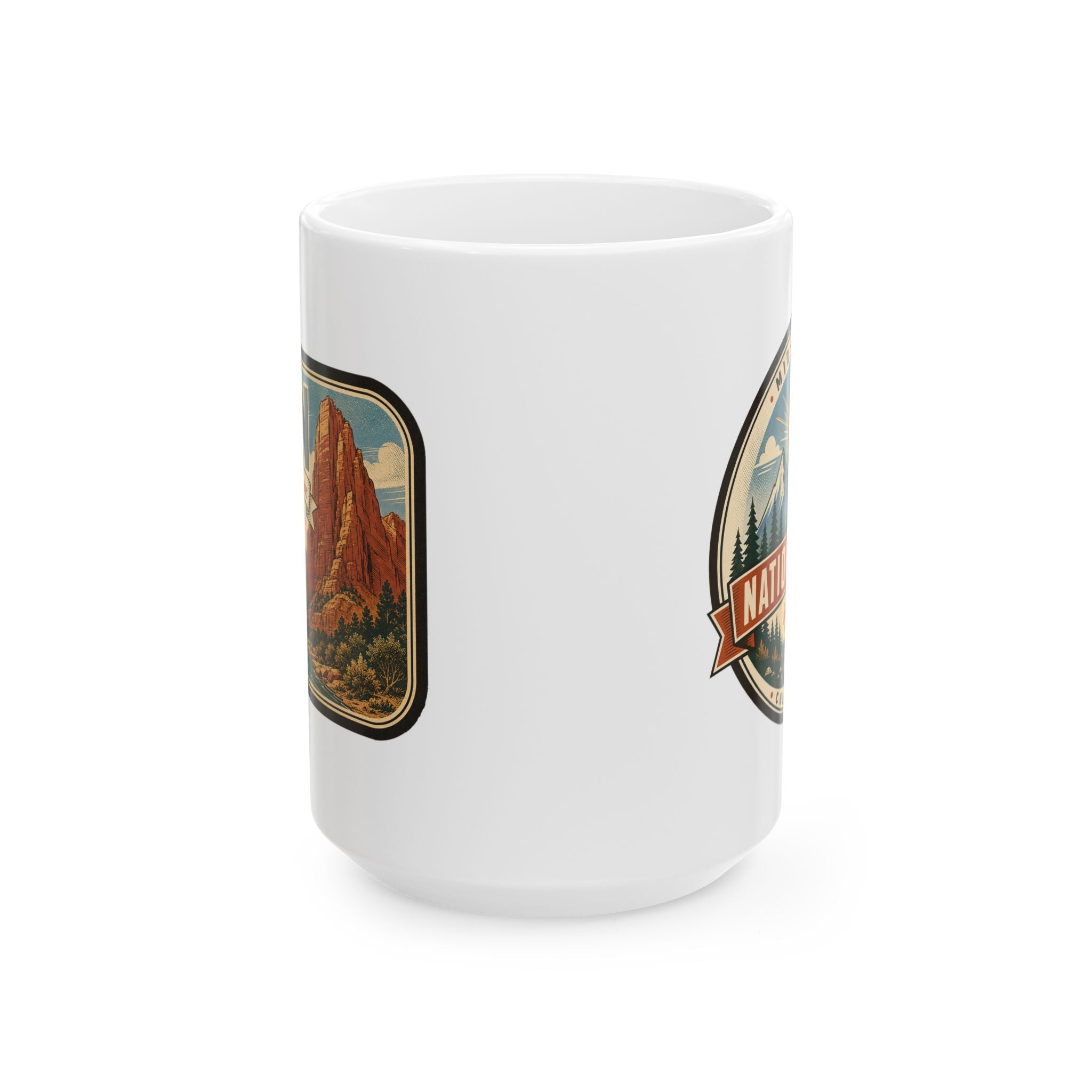 White ceramic mug with landscape panel graphic and partial ribbon badge