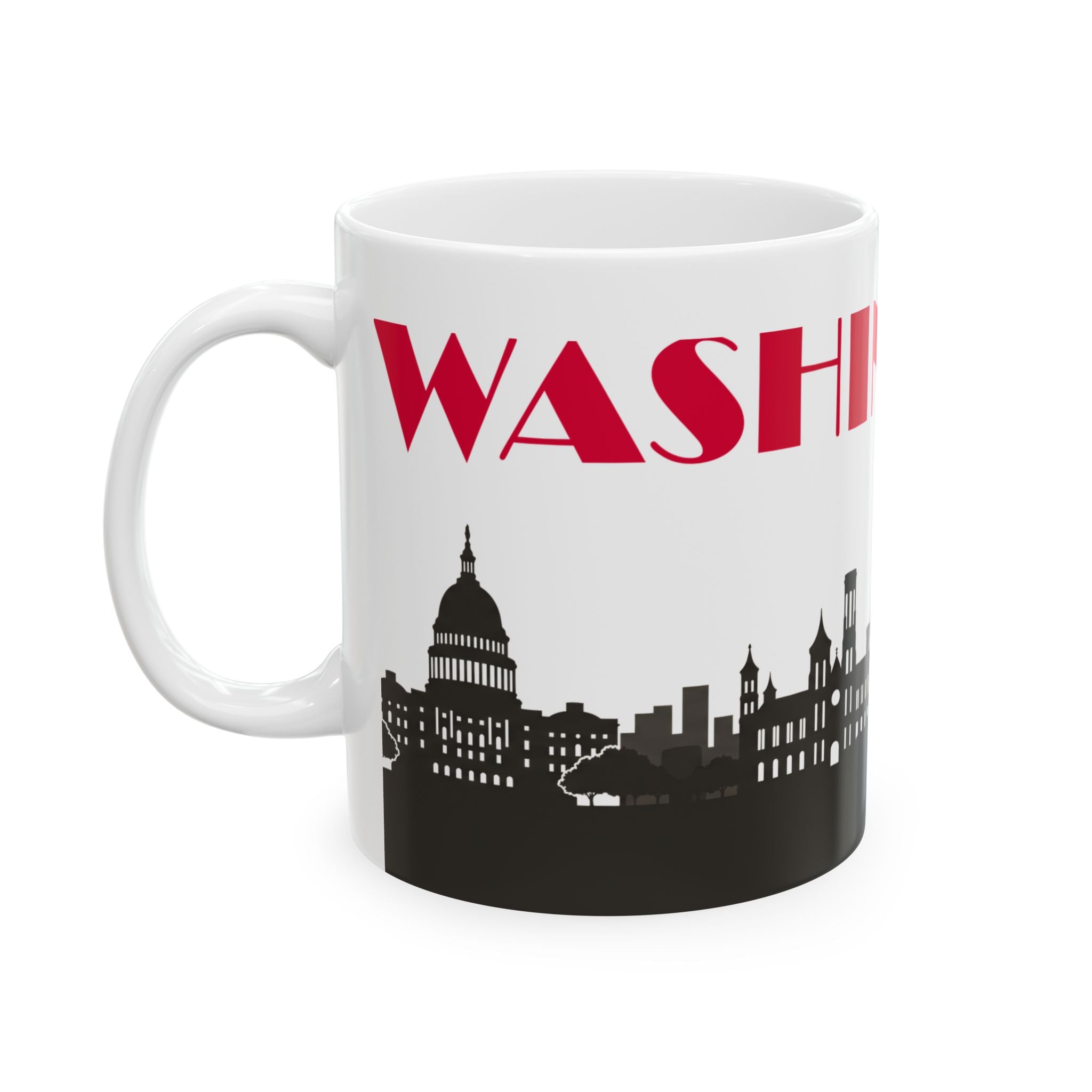 White ceramic mug with red 'WASH' text and black D.C. skyline silhouette