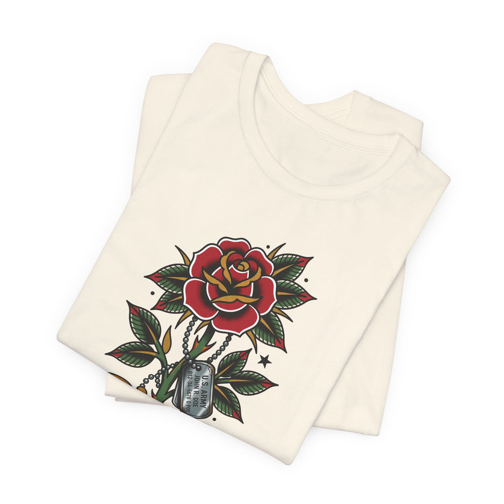 Cream short-sleeve T-shirt with tattoo-style rose, leaves, and dog tag graphic.