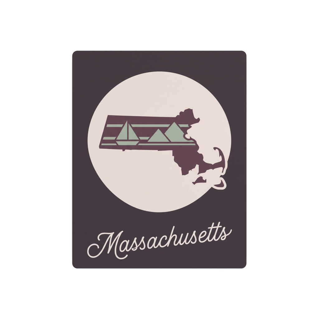 Square Massachusetts metal wall art with circular state silhouette emblem and cursive Massachusetts