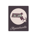 Square Massachusetts metal wall art with circular state silhouette emblem and cursive Massachusetts