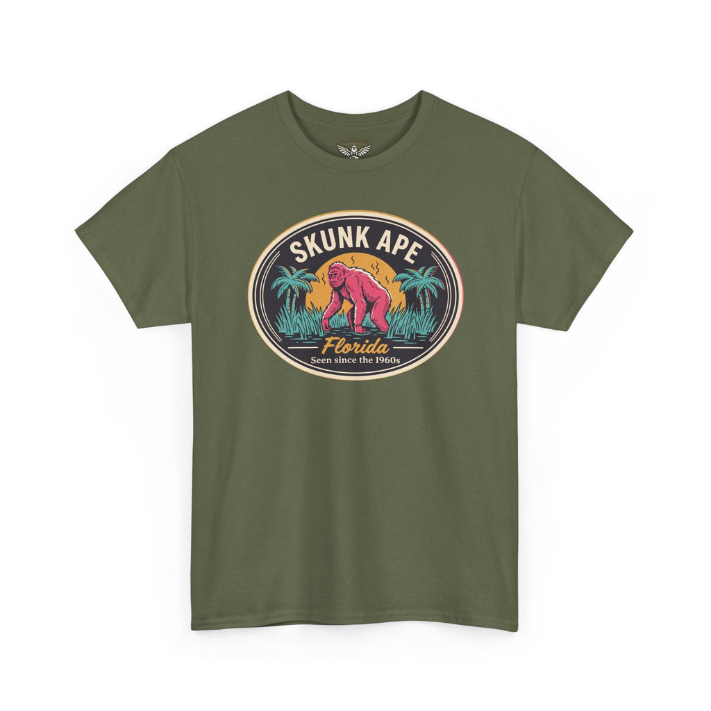 Military green crewneck T-shirt with circular Skunk Ape Florida front logo