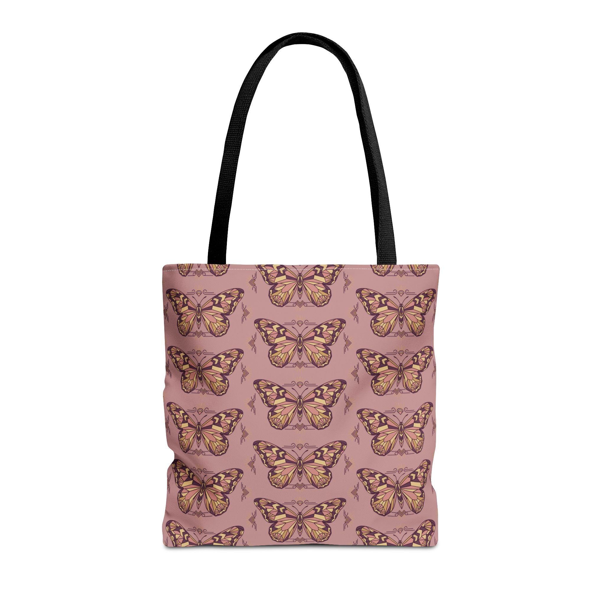 Pink butterfly pattern tote bag with black handle straps, front view