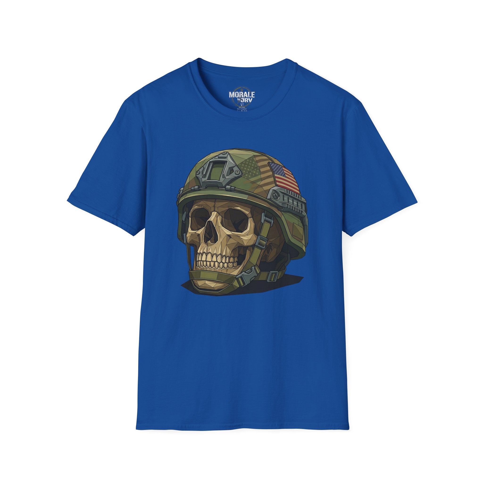 Royal blue T-shirt with camo military helmet skull and American flag patch graphic
