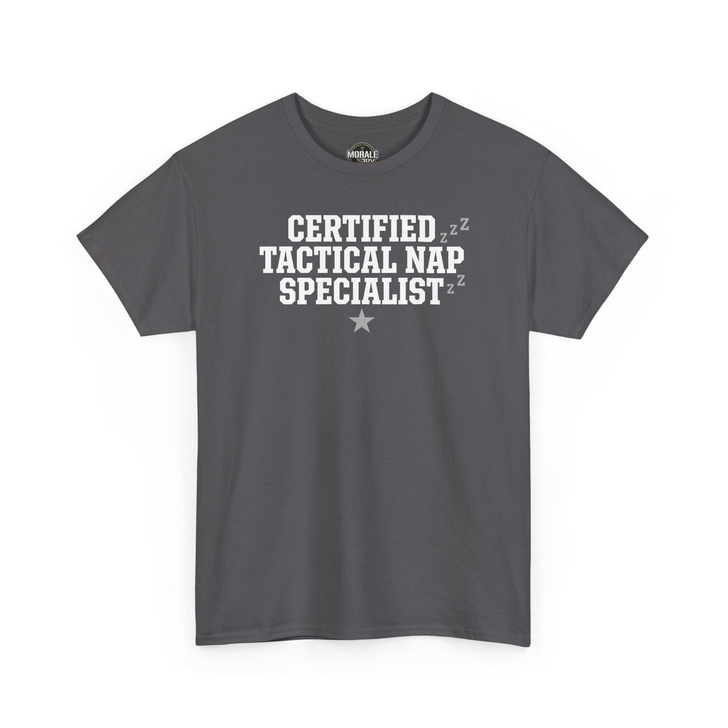 Dark charcoal T-shirt with 'Certified Tactical Nap Specialist' print and crew neck