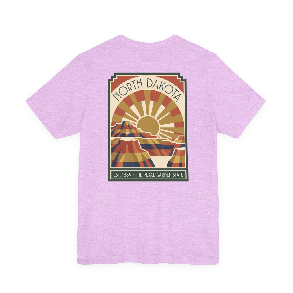 Lilac T-shirt with framed North Dakota sunburst graphic, EST. 1889