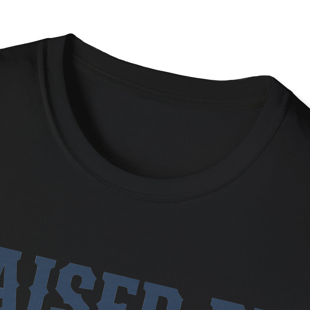Black crewneck T-shirt, no graphic visible in this close-up.