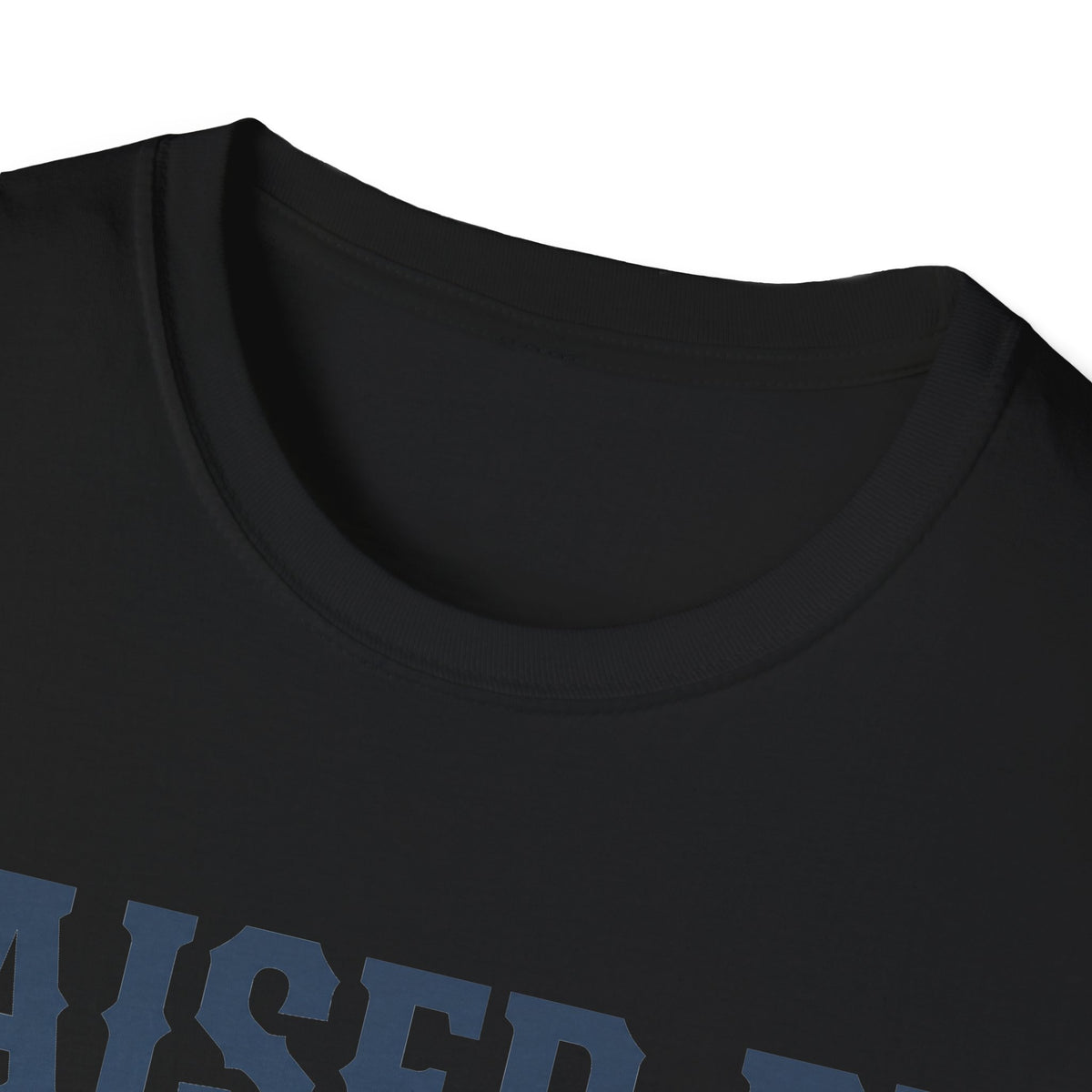 Black crewneck T-shirt, no graphic visible in this close-up.