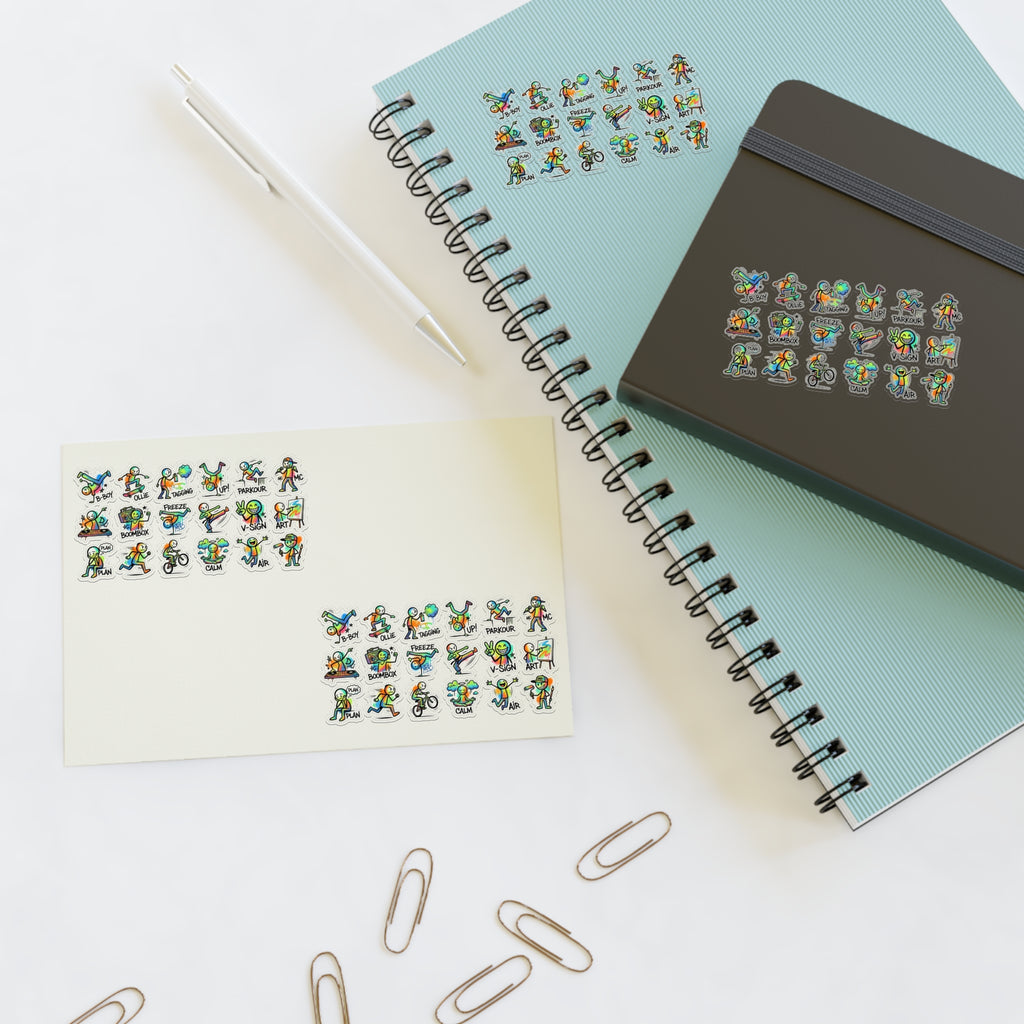 Mini activity character sticker sheet with die-cut exercise icons in teal and blue