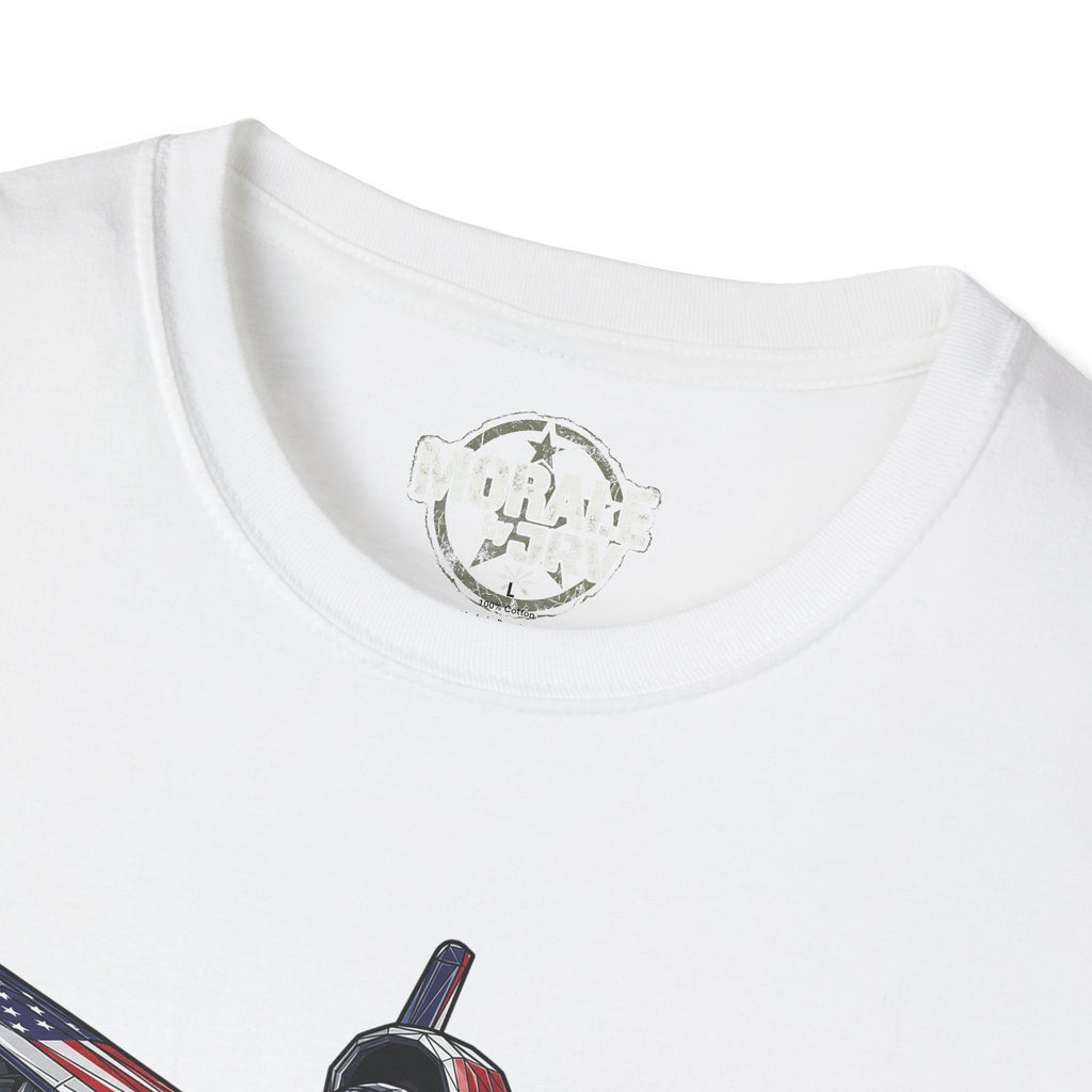 White tee close-up: round collar and partial A-10 jet graphic