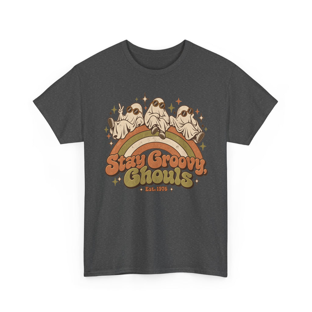 Stay Groovy Ghouls T-Shirt, Retro Rainbow Ghosts in Sunglasses Halloween Shirt for Women and Men, Cute 70s Spooky Tee