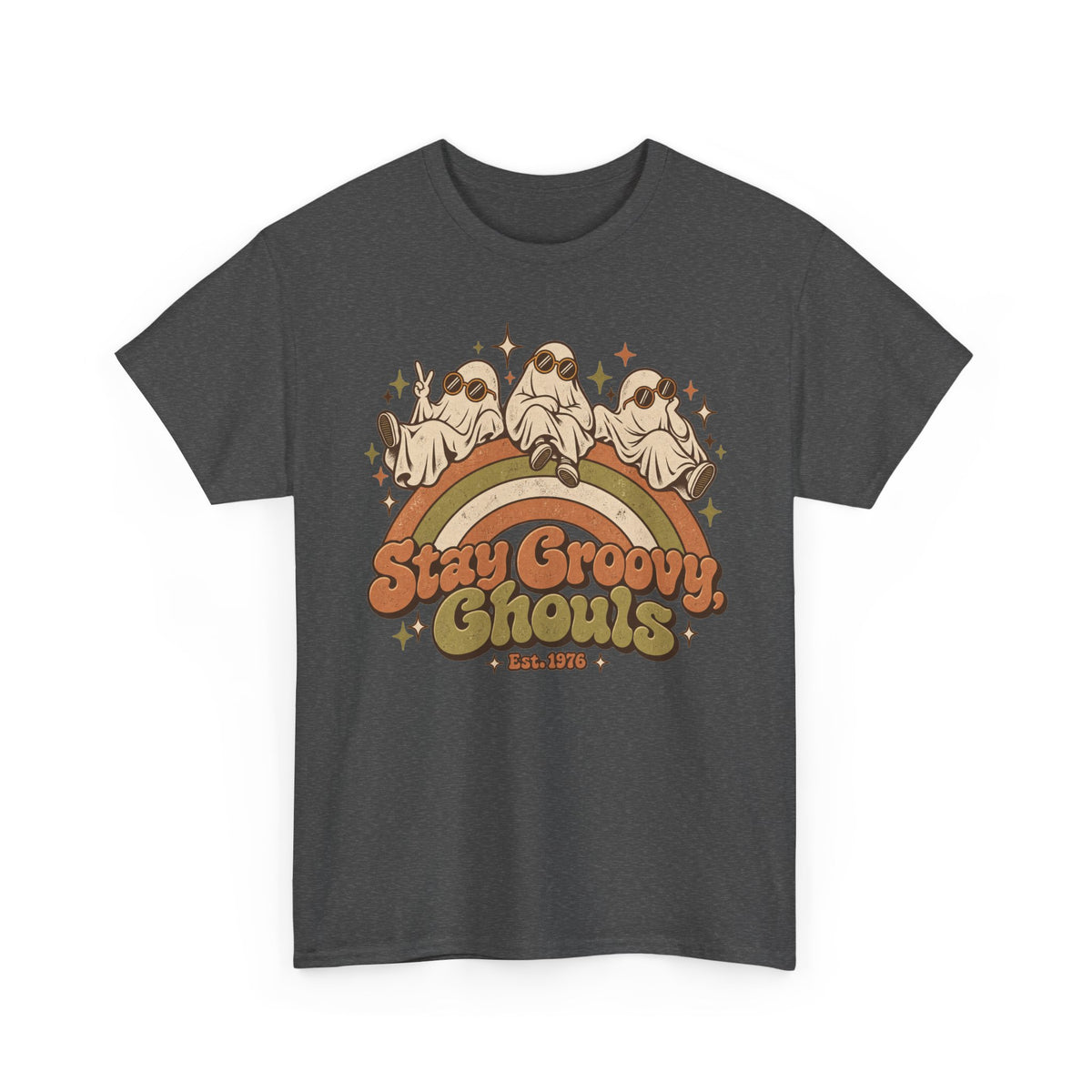 Stay Groovy Ghouls T-Shirt, Retro Rainbow Ghosts in Sunglasses Halloween Shirt for Women and Men, Cute 70s Spooky Tee