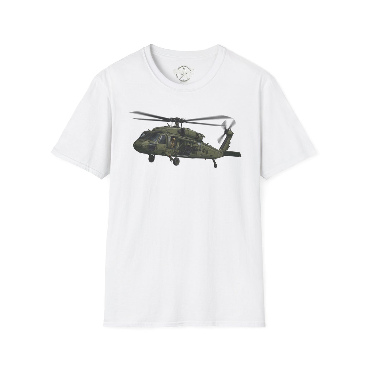 White crew-neck t-shirt with green military helicopter graphic