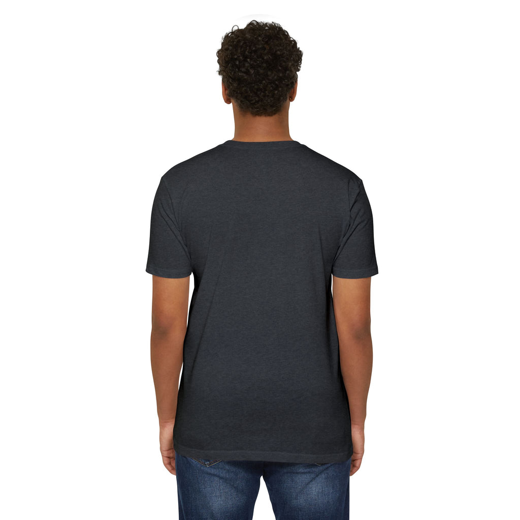 Dark charcoal crewneck T-shirt, back view, short sleeves