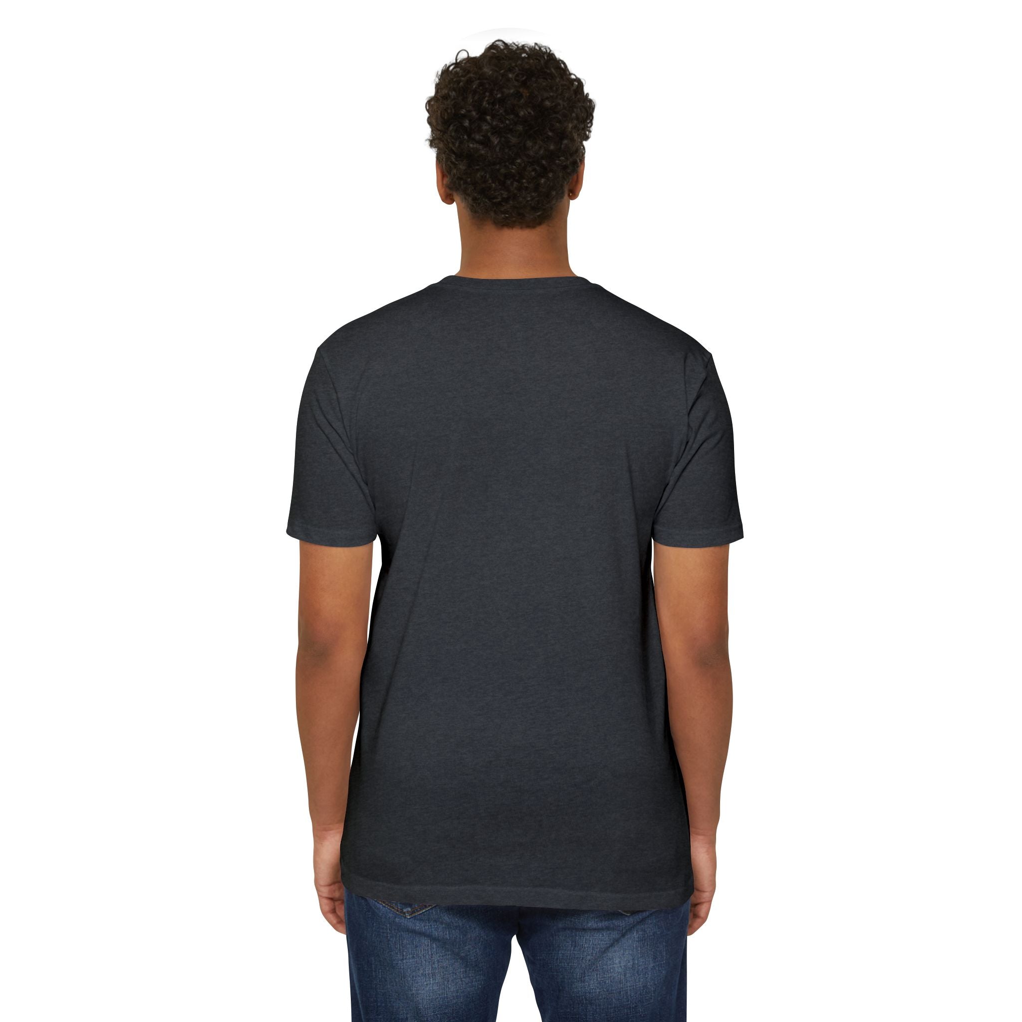 Dark charcoal crewneck T-shirt, back view, short sleeves