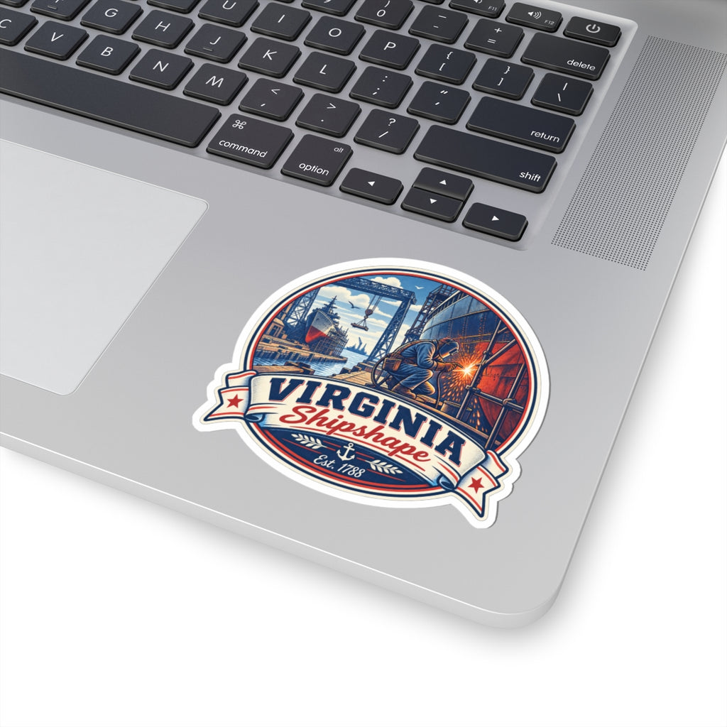 Virginia Shipshape sticker on laptop keyboard, circular nautical harbor graphic