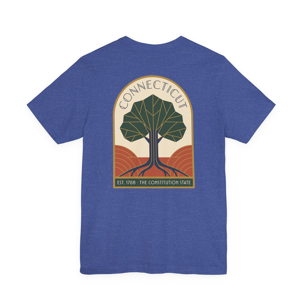 Connecticut tree graphic t-shirt, royal blue, front emblem with tree and “Connecticut” text
