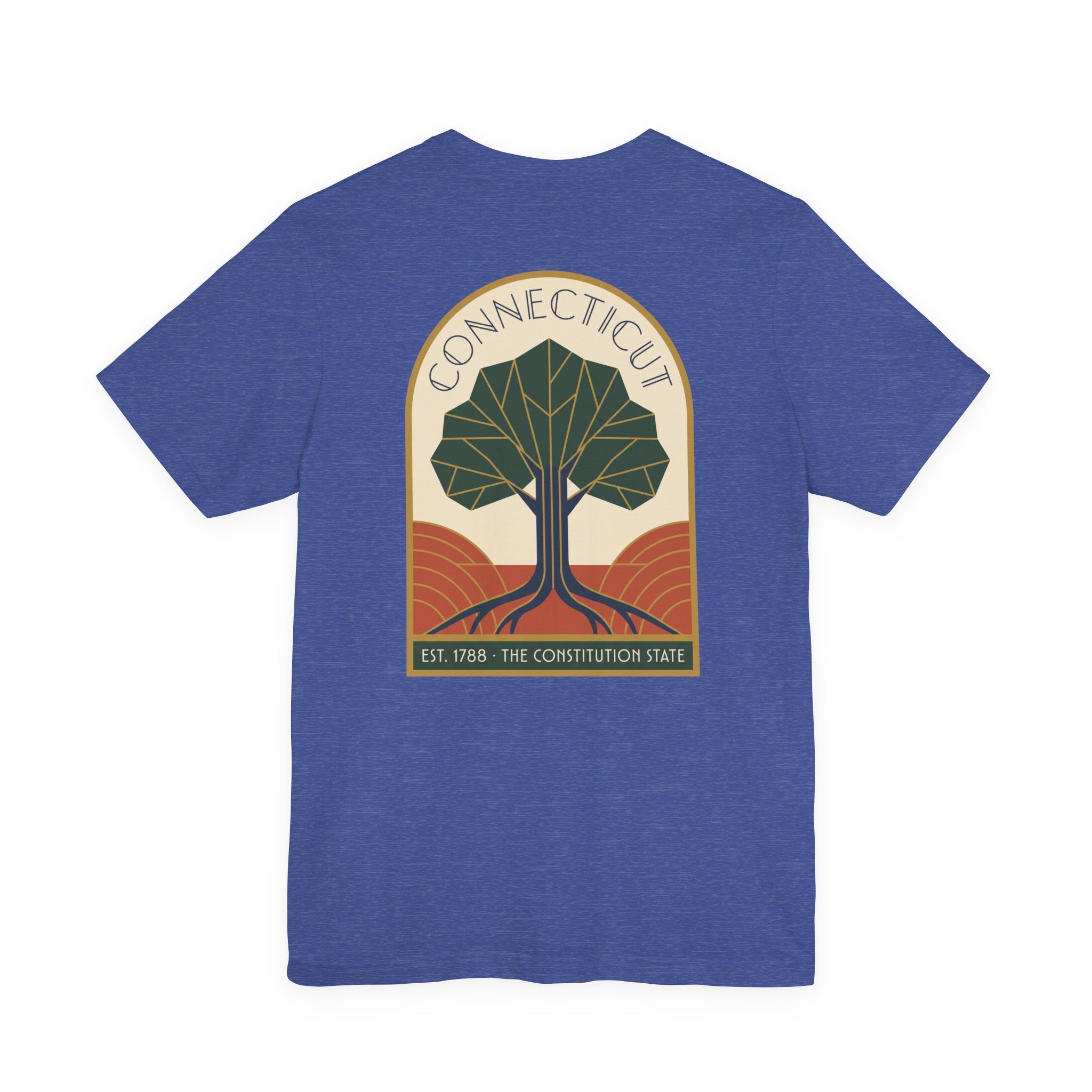 Connecticut tree graphic t-shirt, royal blue, front emblem with tree and “Connecticut” text