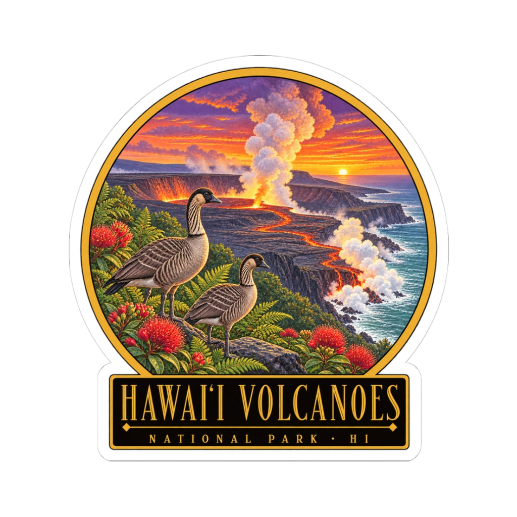 Round sticker with Nene geese, lava sunset, tropical flowers, and “HAWAII VOLCANOES” text