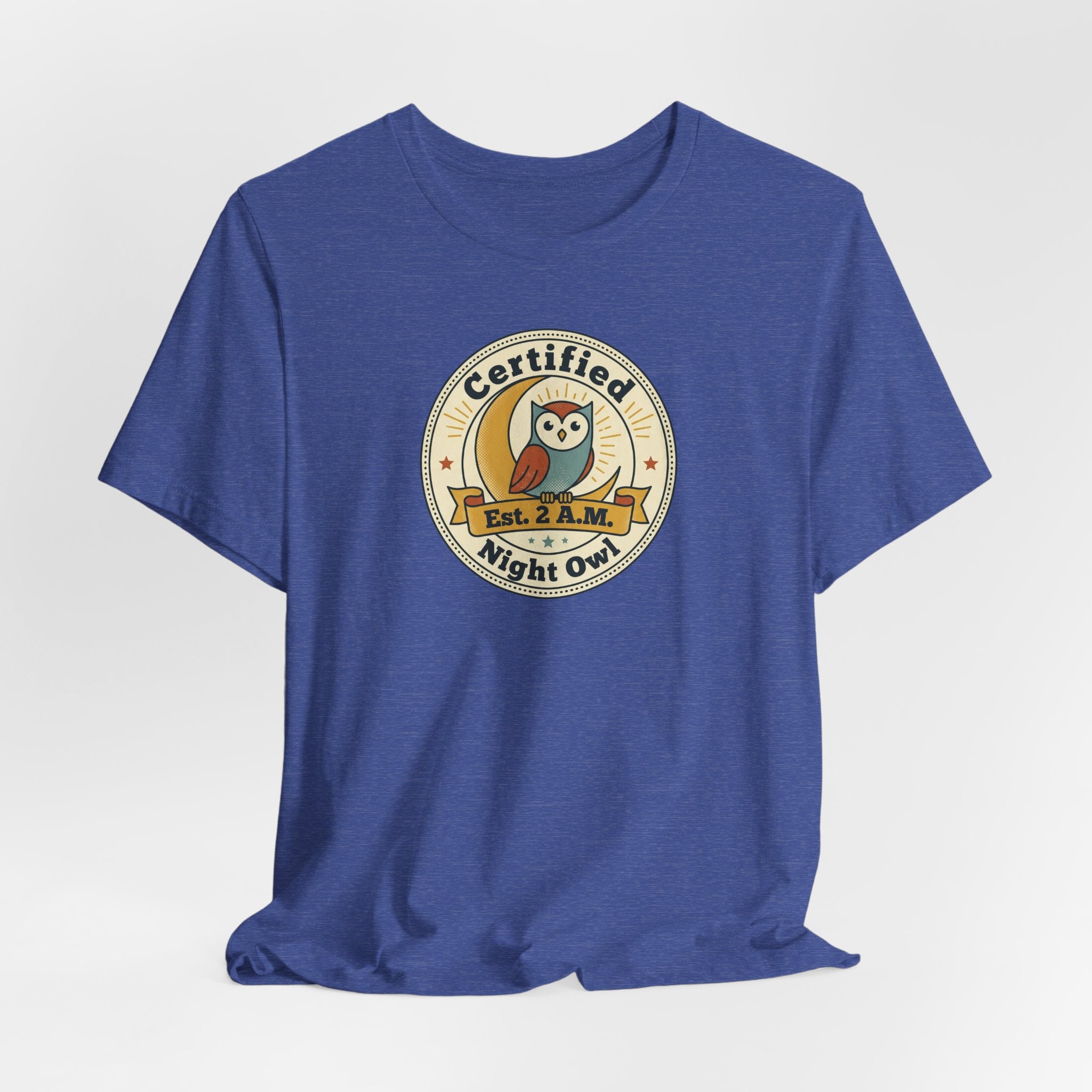 Royal blue T-shirt with Certified Night Owl badge graphic on chest