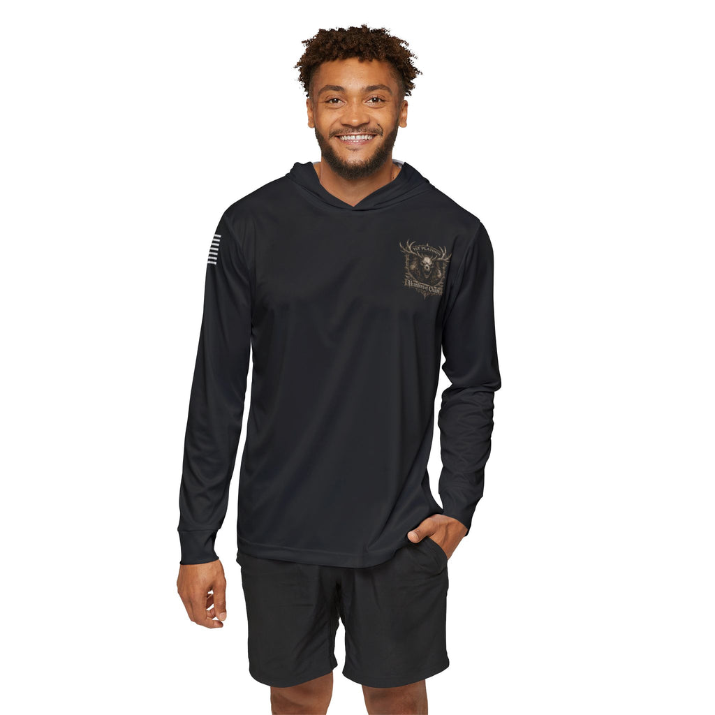 Black thin sport hoodie worn by model; chest deer emblem.