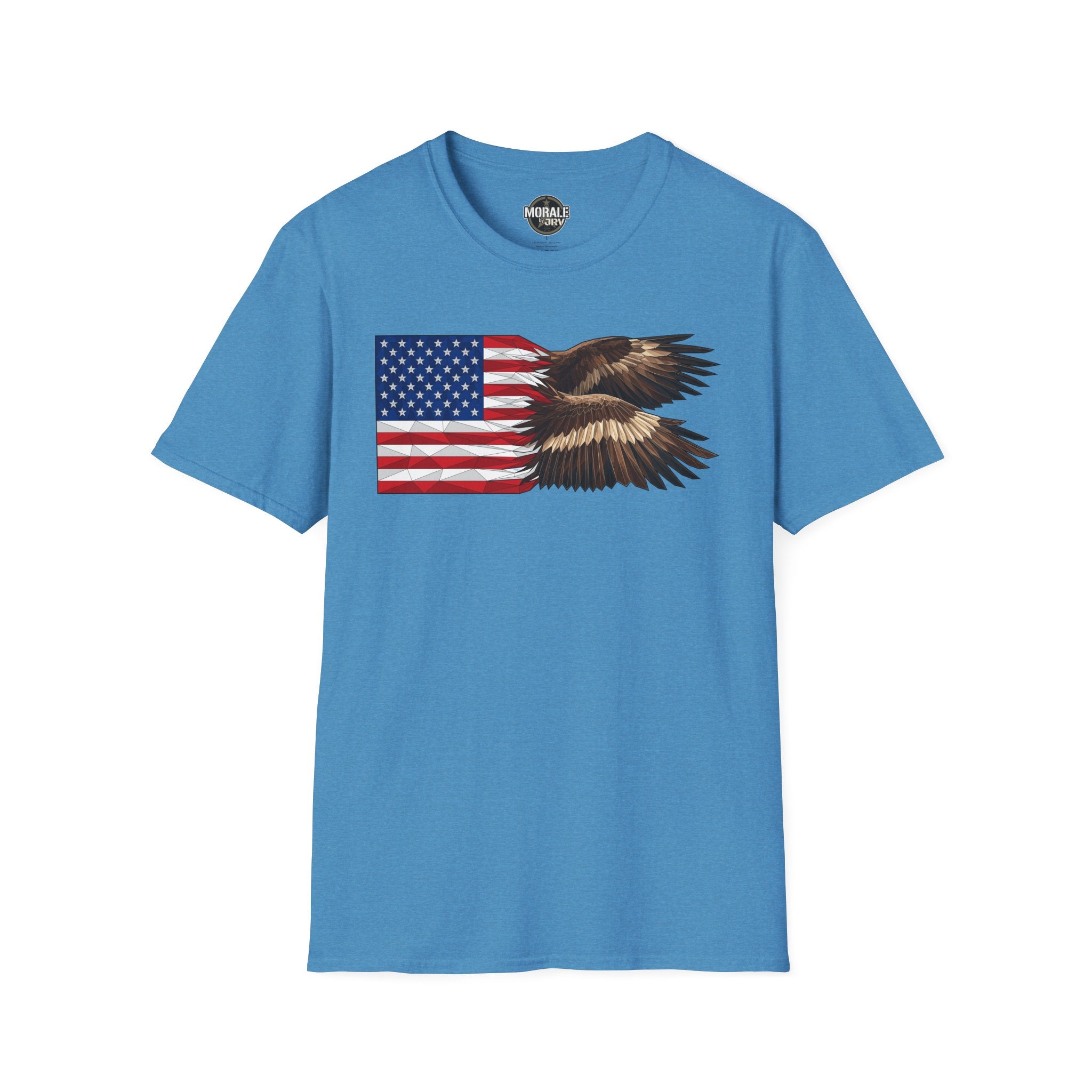 Patriotic eagle flag T-shirt in heather sapphire blue with eagle wings graphic