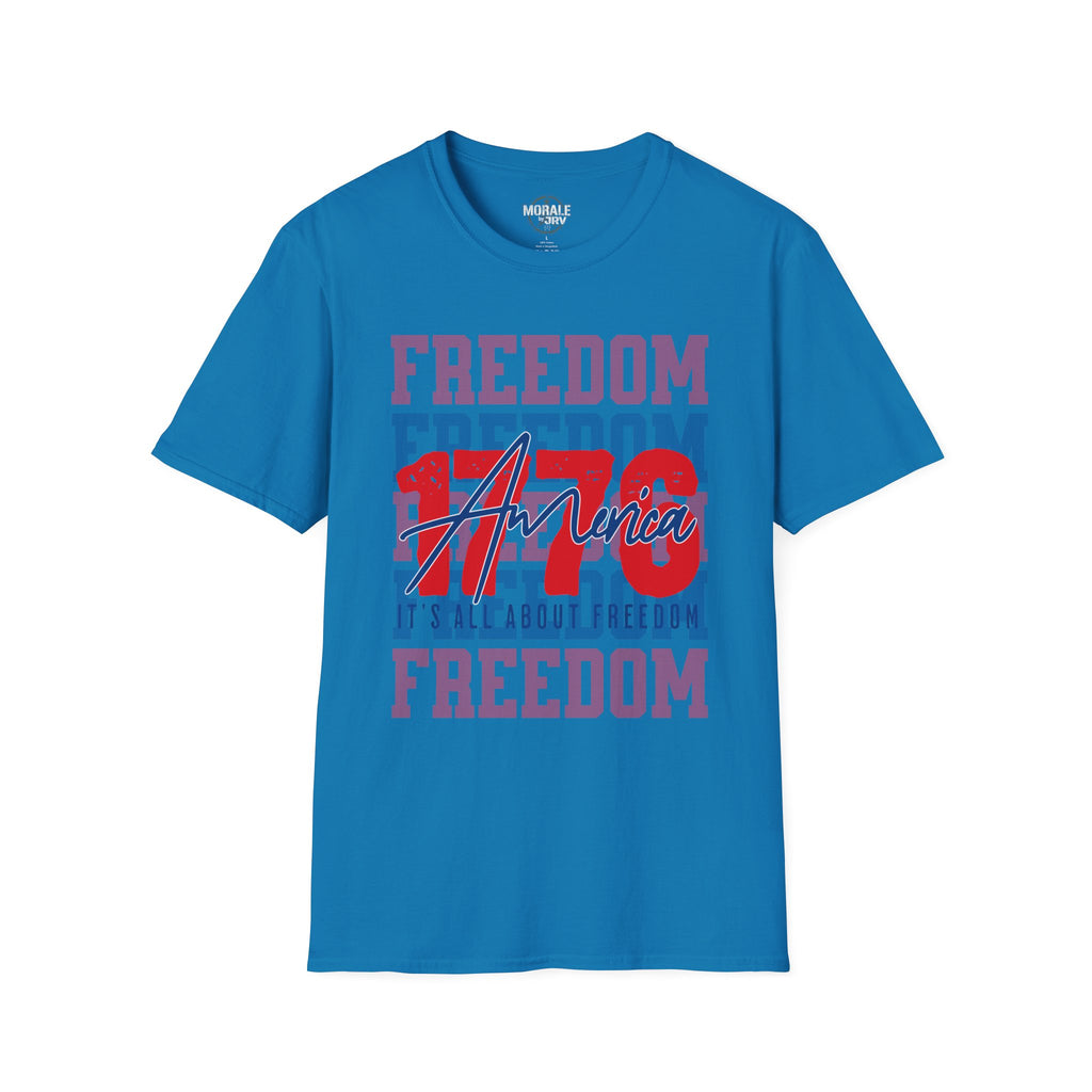 Bright blue Freedom USA graphic T-shirt with red/blue 'America' print