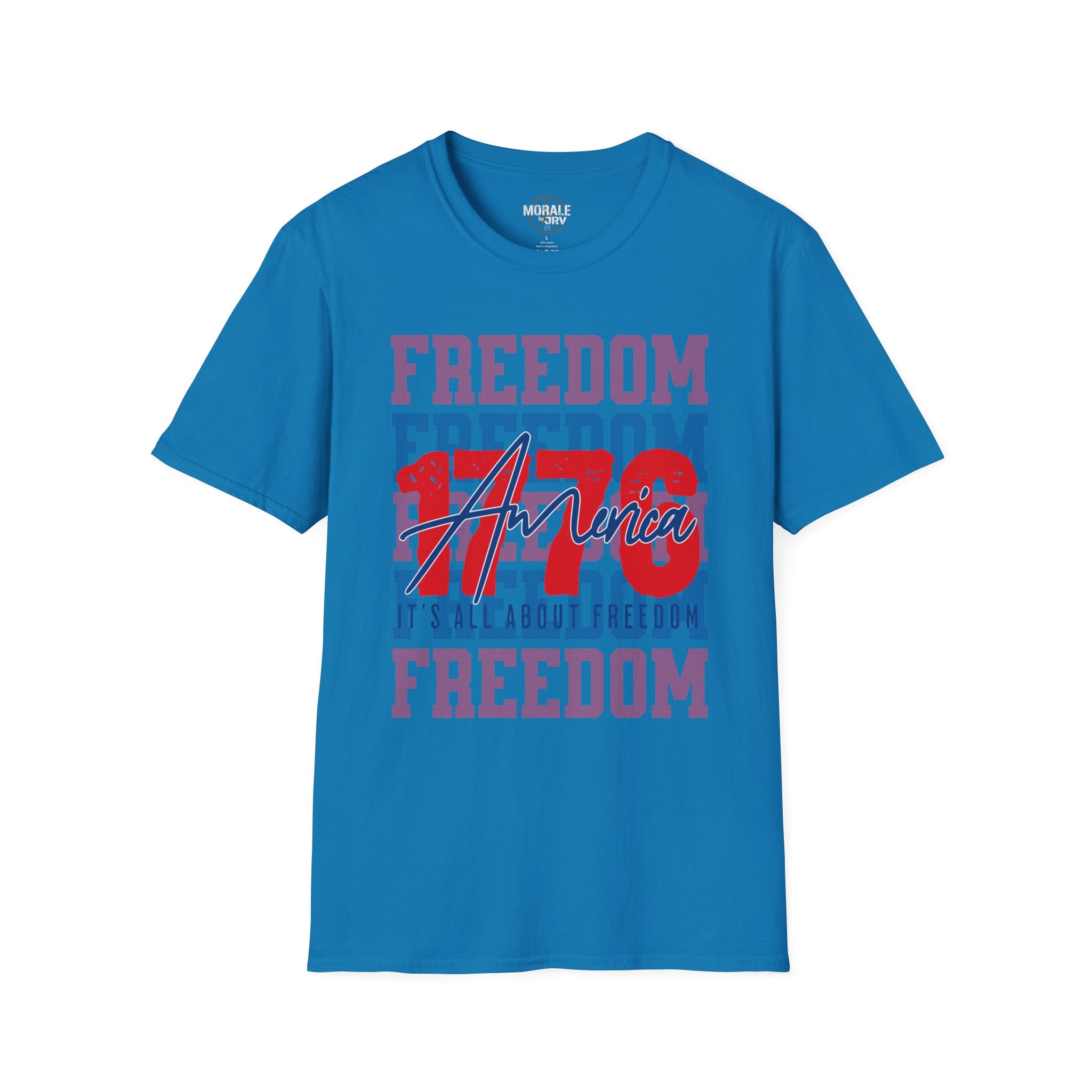 Bright blue Freedom USA graphic T-shirt with red/blue 'America' print