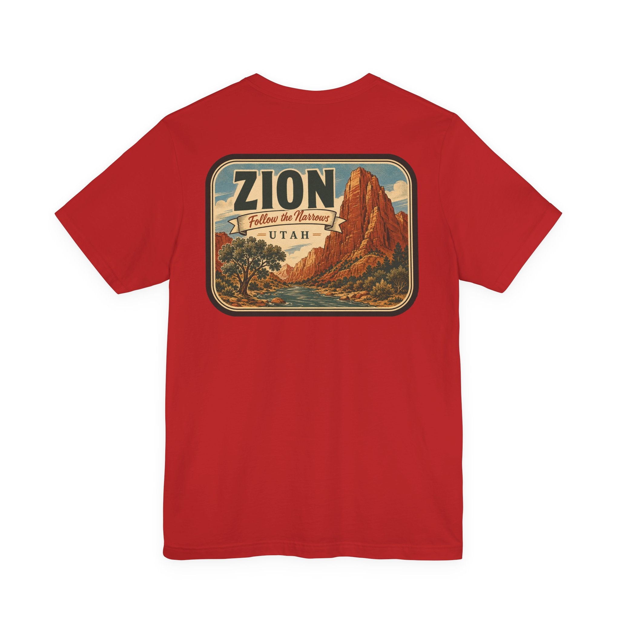 Red T-shirt with large rectangular Zion Utah landscape graphic on front