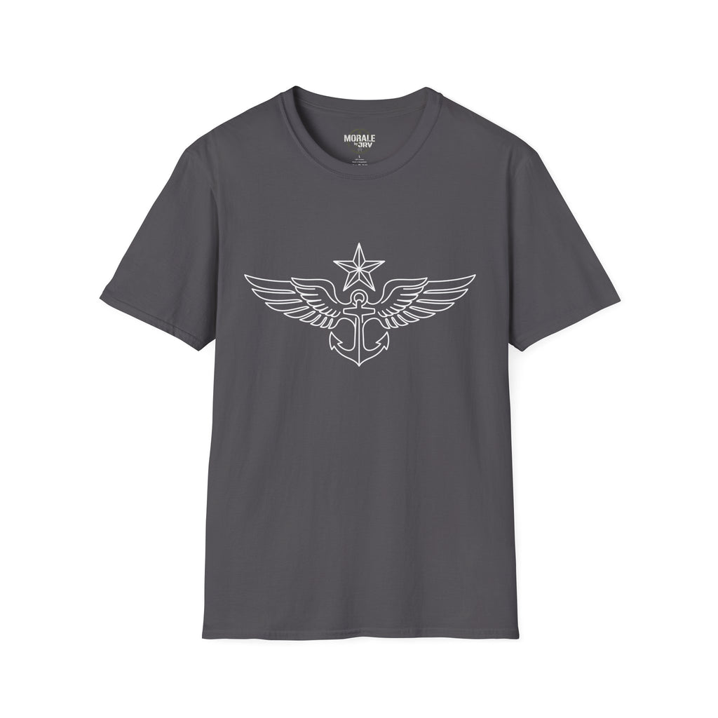 Charcoal grey t-shirt with white winged anchor emblem at center