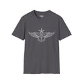 Charcoal grey t-shirt with white winged anchor emblem at center