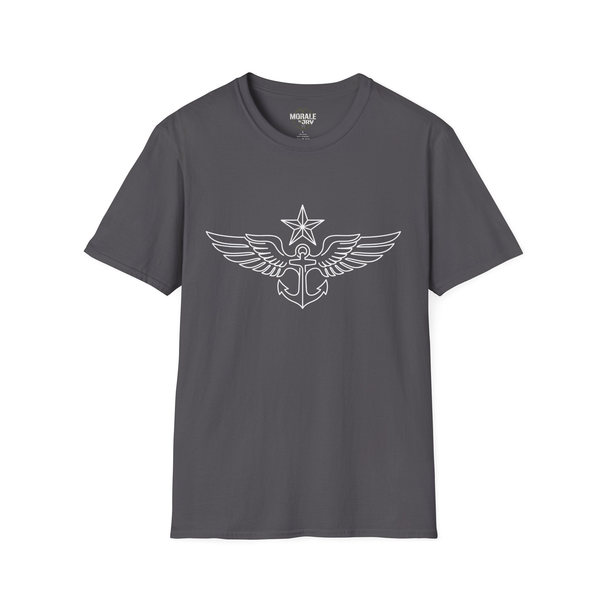 Charcoal grey t-shirt with white winged anchor emblem at center